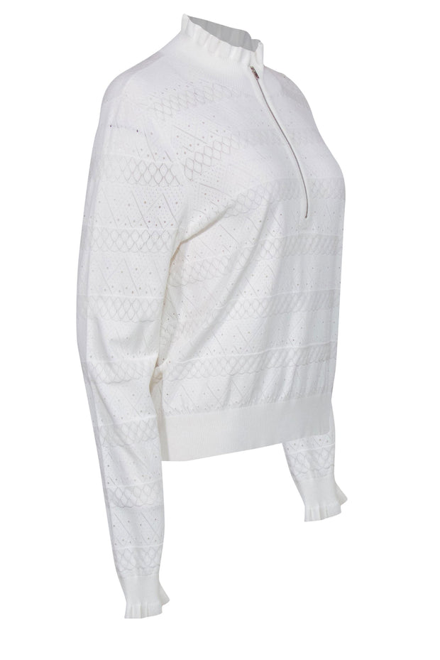 Current Boutique-Veronica Beard - White Pointelle Ruffled Quarter Zip Sweater Sz XL