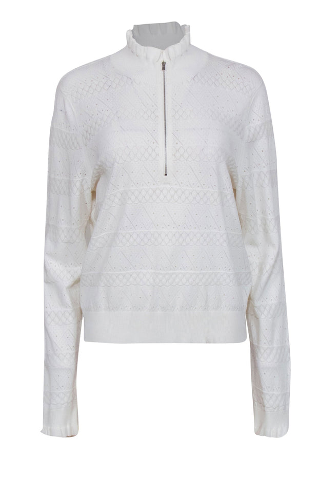 Current Boutique-Veronica Beard - White Pointelle Ruffled Quarter Zip Sweater Sz XL