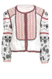 Current Boutique-Veronica Beard - White, Red & Black Linen Floral Beaded & Embroidered Jacket Sz XL