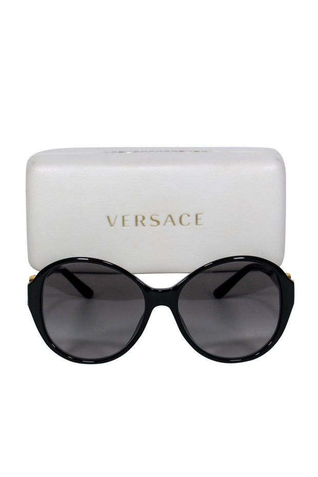 Current Boutique-Versace - Black Oversized Round Sunglasses w/ Gold Logo