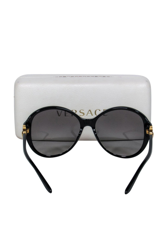 Current Boutique-Versace - Black Oversized Round Sunglasses w/ Gold Logo