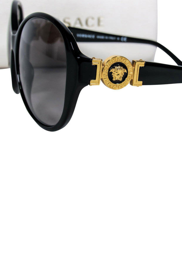 Current Boutique-Versace - Black Oversized Round Sunglasses w/ Gold Logo