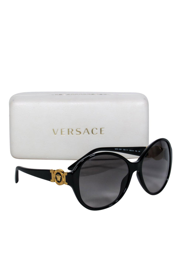 Current Boutique-Versace - Black Oversized Round Sunglasses w/ Gold Logo