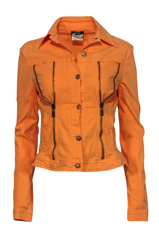 Current Boutique-Versace Jeans Couture - Orange Denim Button-Up Jacket w/ Zipper Detail Sz S