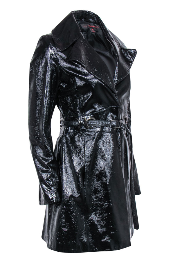 Current Boutique-Via Spiga - Black Patent Leather Snap-Up Belted Trench Coat Sz S