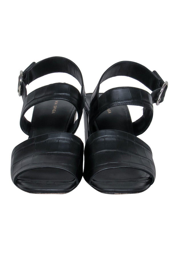 Current Boutique-Via Spiga - Black Reptile Embossed Leather Block Heeled Sandals Sz 9