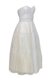 Current Boutique-Victor Costa - Cream & Silver Metallic Polka Dot Print Strapless Gown Sz 8