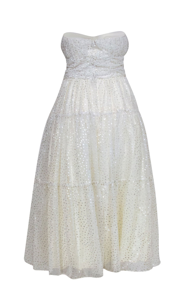 Current Boutique-Victor Costa - Cream & Silver Metallic Polka Dot Print Strapless Gown Sz 8