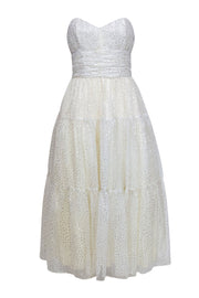 Current Boutique-Victor Costa - Cream & Silver Metallic Polka Dot Print Strapless Gown Sz 8