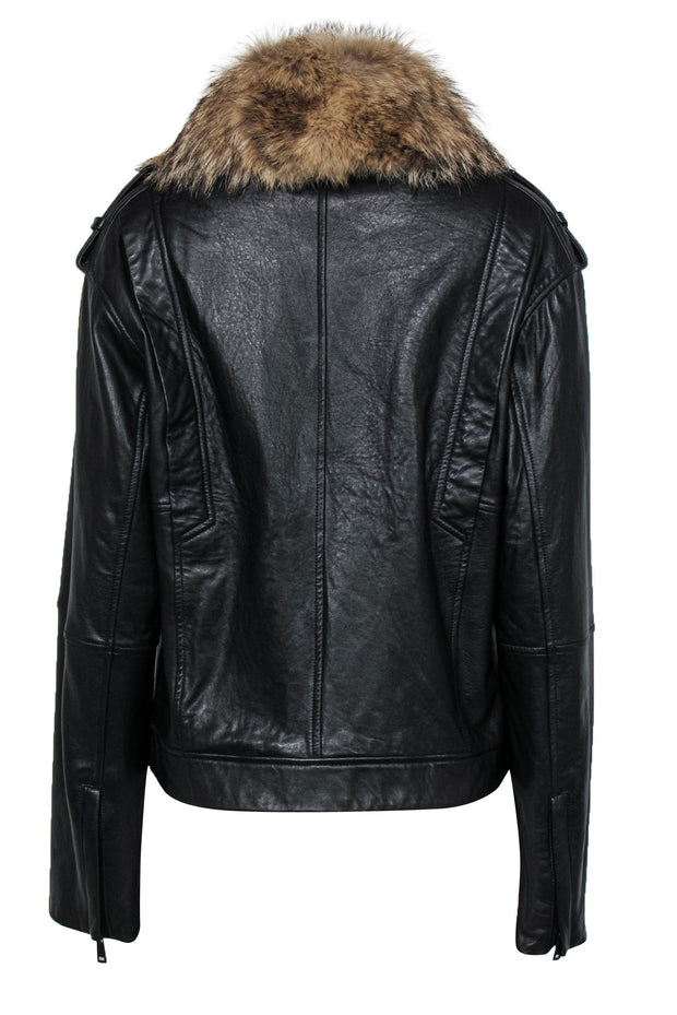 Current Boutique-Vince - Black Leather Zip-Up Jacket w/ Coyote Fur Collar Sz XL