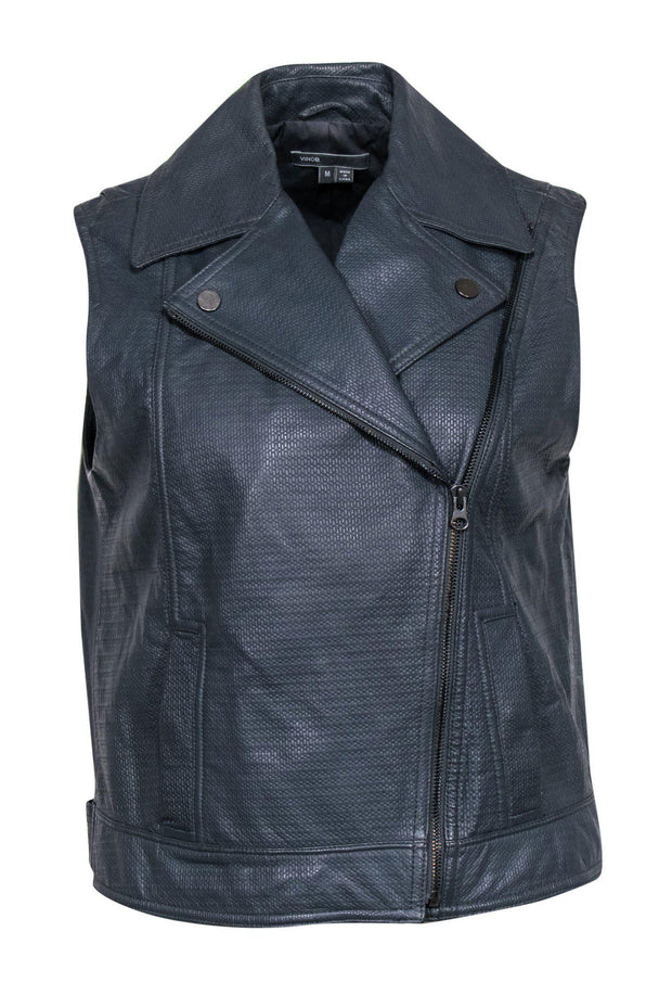 Current Boutique-Vince - Bluish Grey Textured Leather Moto-Style Zip-Up Vest Sz M