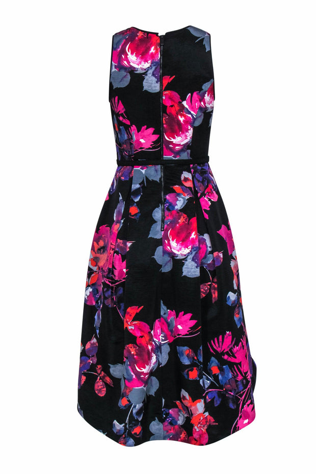 Current Boutique-Vince Camuto - Black, Purple & Pink Floral Print Pleated High-Low Midi Dress Sz 2