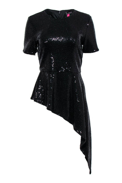 Current Boutique-Vince Camuto - Black Short Sleeved Sequined Top w/ Asymmetric Hem Sz M