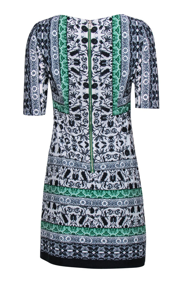 Current Boutique-Vince Camuto - White, Navy & Green Bohemian Print Sheath Dress Sz 2