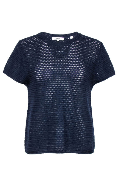 Current Boutique-Vince - Navy Cotton Crochet Short Sleeve Sweater Sz L