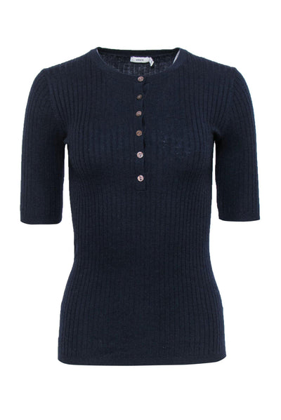 Current Boutique-Vince - Navy Ribbed Short Sleeve Henley Sweater Sz XS