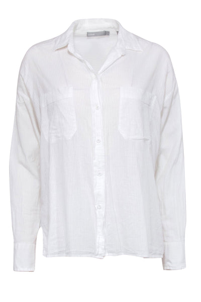 Current Boutique-Vince - White Cotton Pinstripe Button-Up Shirt Sz S