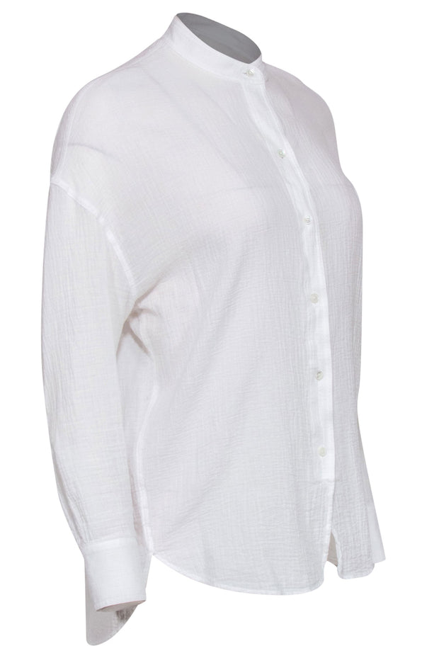 Current Boutique-Vince - White Textured Long Sleeve Button-Up Cotton Blouse Sz S