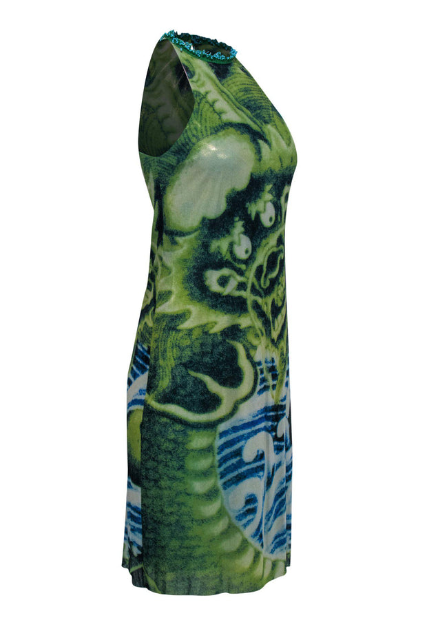 Current Boutique-Vivienne Tam - Green & Blue Dragon Print Dress w/ Beaded Halter Neckline Sz S