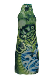 Current Boutique-Vivienne Tam - Green & Blue Dragon Print Dress w/ Beaded Halter Neckline Sz S