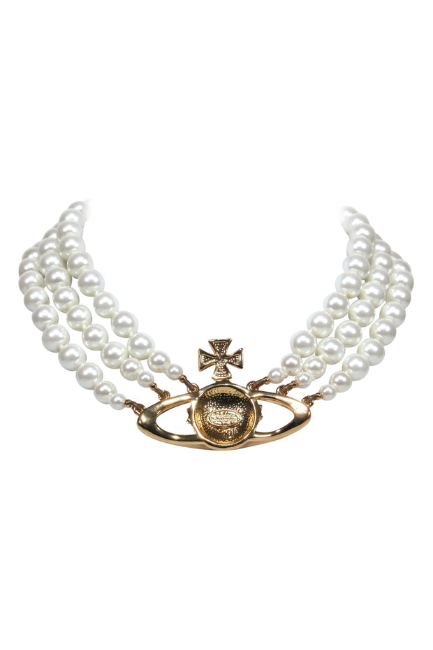 Current Boutique-Vivienne Westwood - Three Strand Faux Pearl Choker Necklace w/ Jeweled Gold Logo