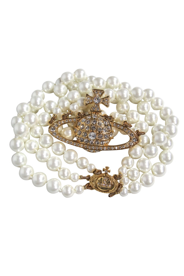 Current Boutique-Vivienne Westwood - Three Strand Faux Pearl Choker Necklace w/ Jeweled Gold Logo