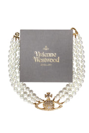 Current Boutique-Vivienne Westwood - Three Strand Faux Pearl Choker Necklace w/ Jeweled Gold Logo