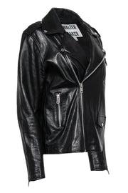 Current Boutique-Walter Baker - Black Leather Zip-Up Moto-Style Jacket w/ Sleeve Text Graphic Sz L