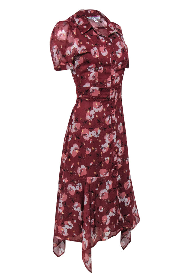 Current Boutique-Walter Baker - Brick Red Floral Button Front Midi Dress w/ Ruffle Sz XS