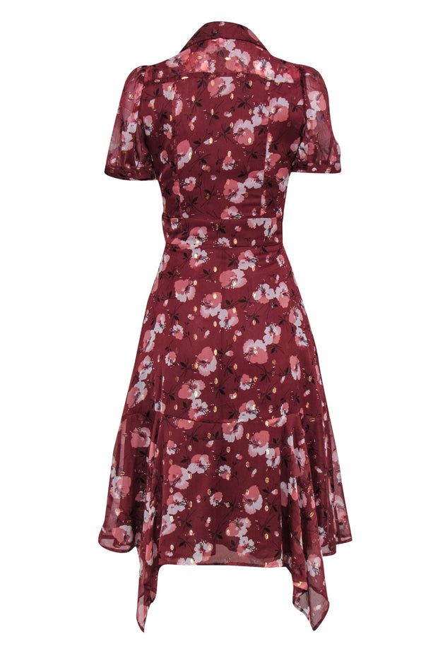 Current Boutique-Walter Baker - Brick Red Floral Button Front Midi Dress w/ Ruffle Sz XS