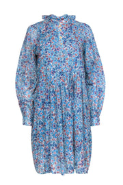 Current Boutique-Warm - Blue Floral Print Long Sleeve Pleated Shift Dress Sz 0