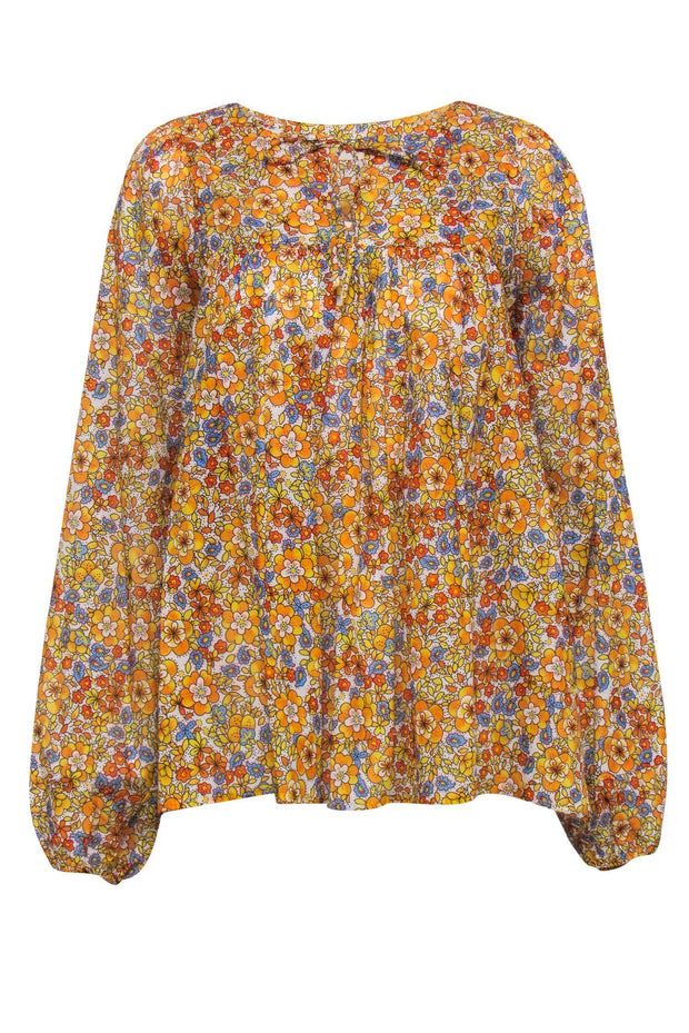 Current Boutique-Warm - Orange & Mustard Floral Print Long Sleeve Blouse Sz L