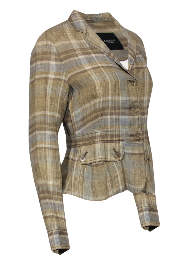 Current Boutique-Weekend Max Mara - Beige, Brown & Light Blue Plaid Linen Blazer Sz 8