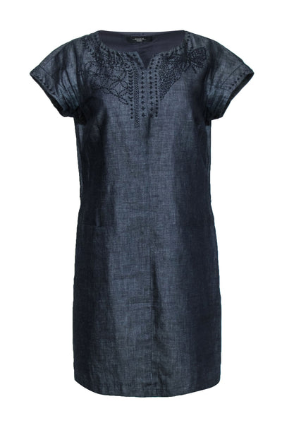 Current Boutique-Weekend Max Mara - Dark Chambray Short Sleeve Embroidered Shift Dress Sz 10