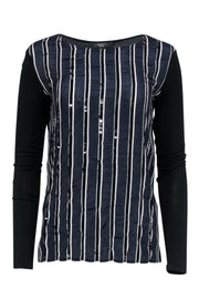 Current Boutique-Weekend Max Mara - Navy & Black Long Sleeve Shirt w/ Sequin Embellished Stripes Sz M