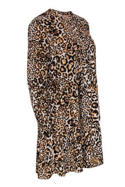 Current Boutique-Whistles - Beige Leopard Print Long Sleeve Half Button-Up Tiered Dress Sz M