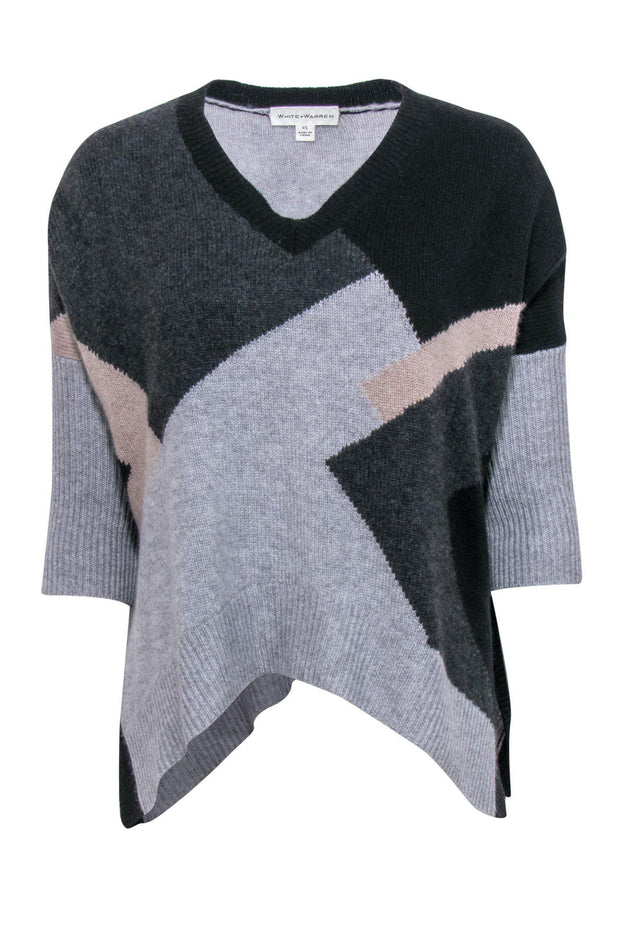 Current Boutique-White & Warren - Grey, Black & Tan Slouchy Cashmere Sweater w/ Asymmetrical Hem Sz XS