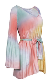 Current Boutique-Wildfox - Pastel Watercolor Print Bell Sleeve Shift Dress w/ Belt Sz S