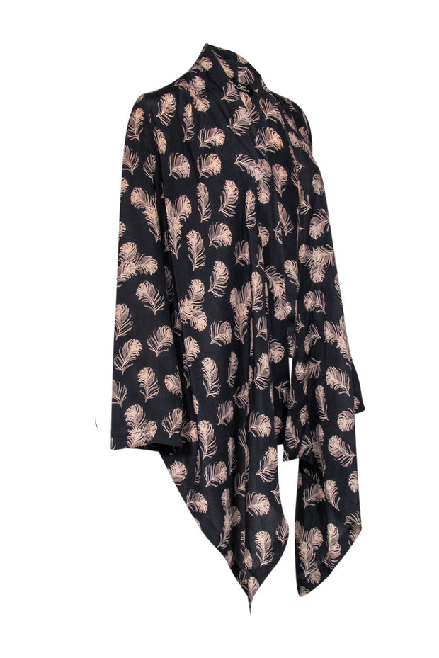 Current Boutique-Winter Kate - Black & Tan Feather Print Hi-Lo Silk Kimono Sz XS