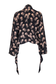 Current Boutique-Winter Kate - Black & Tan Feather Print Hi-Lo Silk Kimono Sz XS