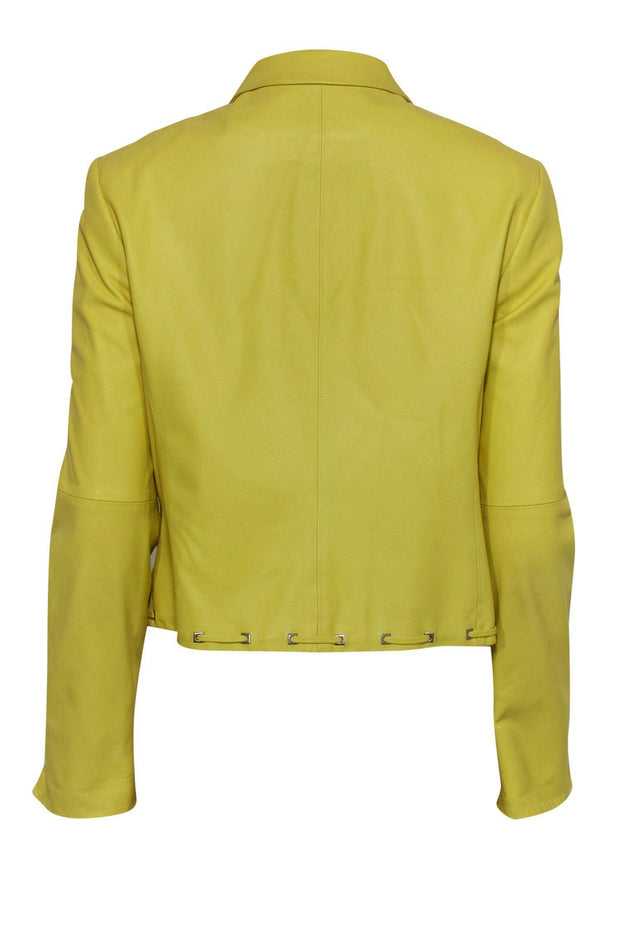 Current Boutique-Worth New York - Neon Yellow Zip-Up Leather Jacket w/ Stitched Trim Sz 10