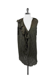 Current Boutique-Yigal Azrouel - Army Green & Gold Silk Blend Ruffle Blouse Sz 4