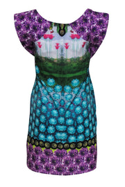 Current Boutique-Yoana Baraschi - Blue & Purple Flower Print Dress w/ Garden Scene Sz 4