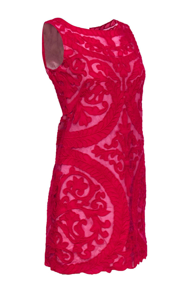 Current Boutique-Yoana Baraschi - Hot Pink Embroidered Sheer Overlay Sheath Dress Sz 4