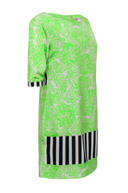 Current Boutique-Yoana Baraschi - Neon Green & Grey Bohemian Print Shift Dress w/ Striped Trim Sz 8