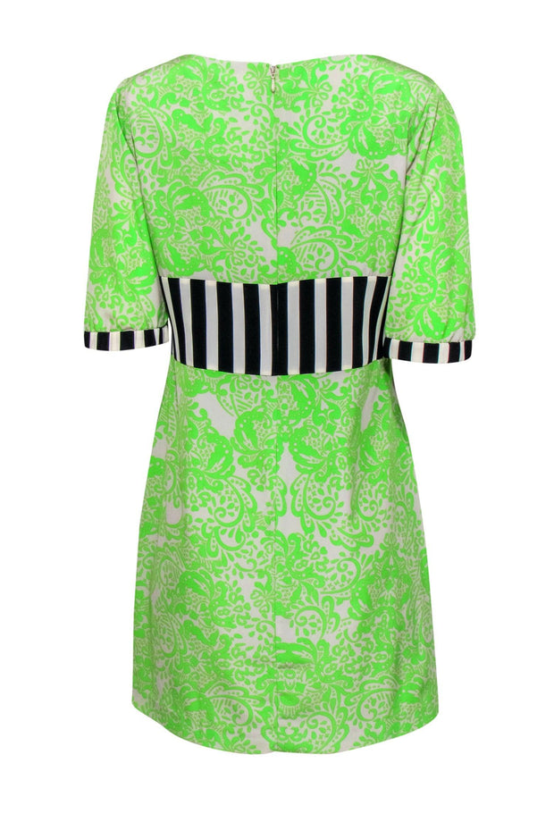 Current Boutique-Yoana Baraschi - Neon Green & Grey Bohemian Print Shift Dress w/ Striped Trim Sz 8