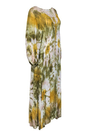 Current Boutique-Young Fabulous & Broke - Green, Yellow & White Tie-Dye Balloon Sleeve Maxi Dress Sz M