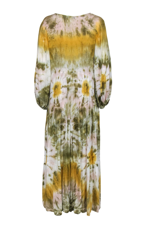 Current Boutique-Young Fabulous & Broke - Green, Yellow & White Tie-Dye Balloon Sleeve Maxi Dress Sz M