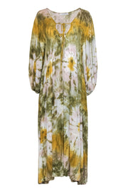 Current Boutique-Young Fabulous & Broke - Green, Yellow & White Tie-Dye Balloon Sleeve Maxi Dress Sz M