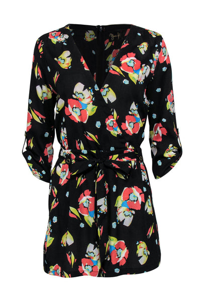 Current Boutique-Yumi Kim - Black Floral Print Long Sleeve Belted Romper Sz M